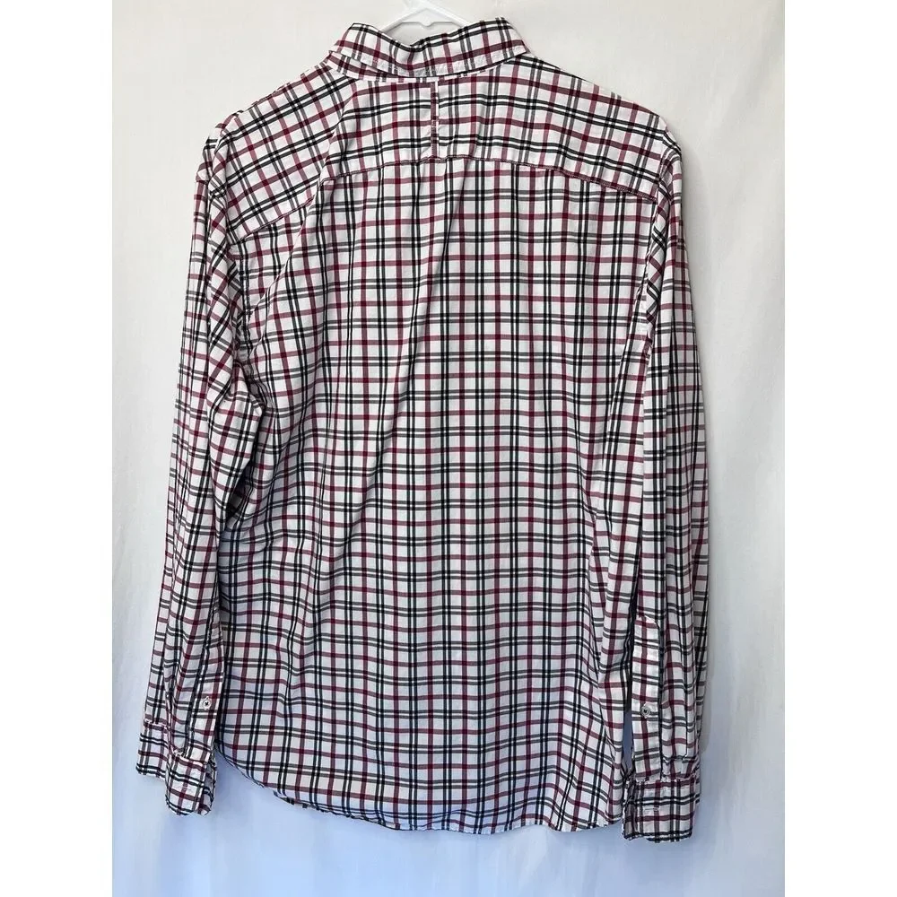 Banana Republic Button Shirt Mens Large Grant Fit‎ Red Black Plaid Long Sleeve